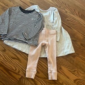 Nordstrom three-piece set, striped T-shirt, pink leggings, and gray skater dress